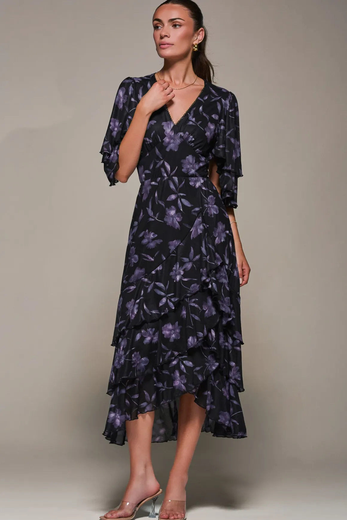 Frill Trim Mesh Maxi Dress, Purple Floral