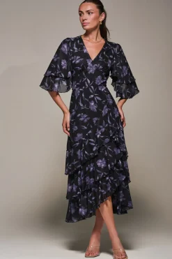 Frill Trim Mesh Maxi Dress, Purple Floral