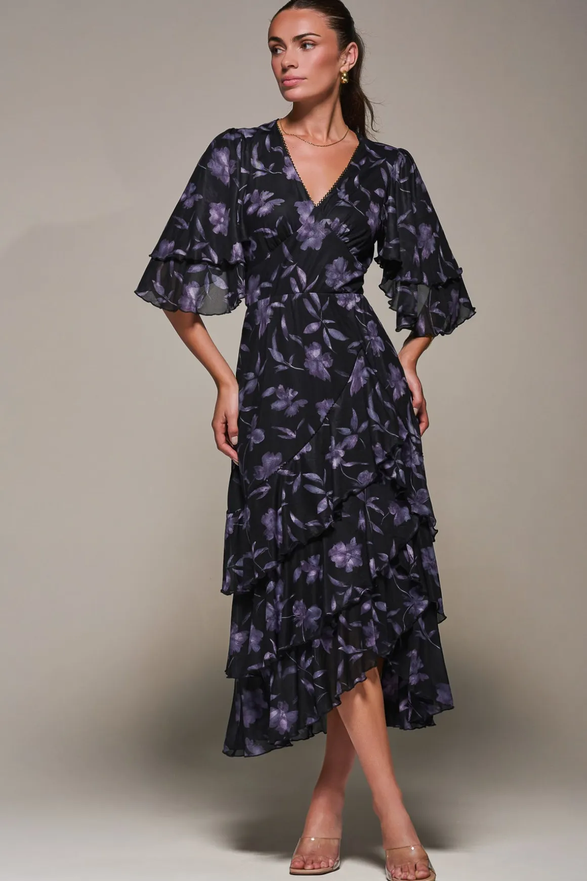 Frill Trim Mesh Maxi Dress, Purple Floral