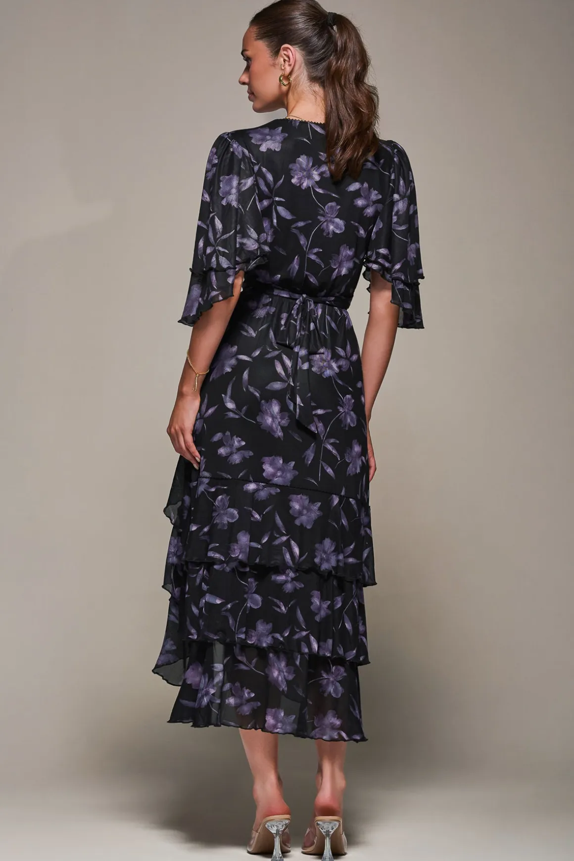 Frill Trim Mesh Maxi Dress, Purple Floral