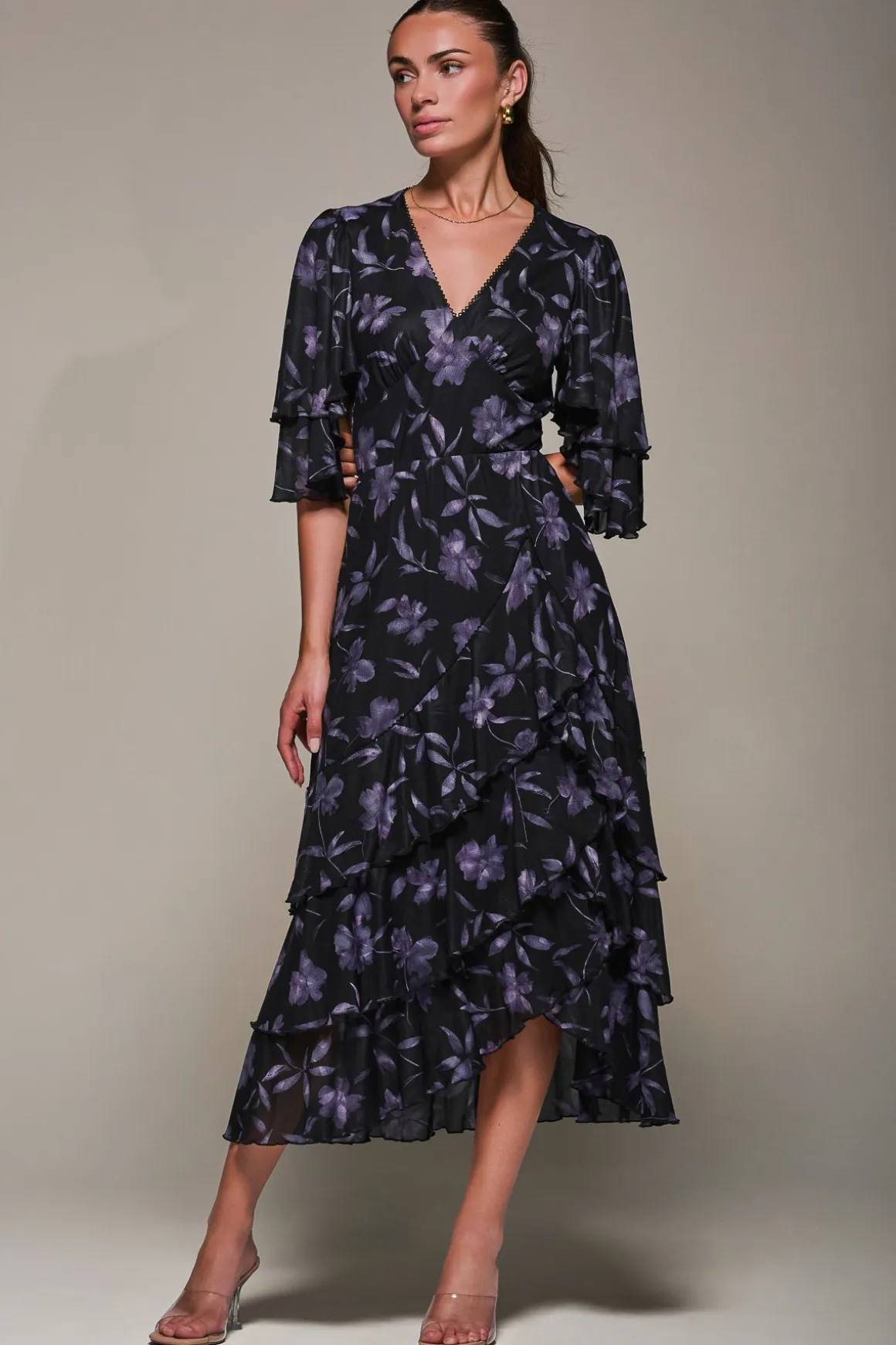 Frill Trim Mesh Maxi Dress, Purple Floral