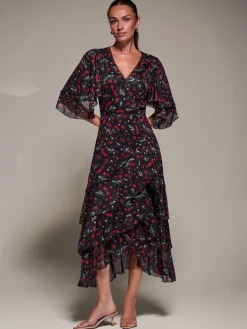 Frill Trim Mesh Maxi Dress, Red Cherry