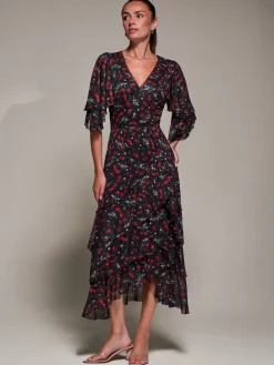 Frill Trim Mesh Maxi Dress, Red Cherry