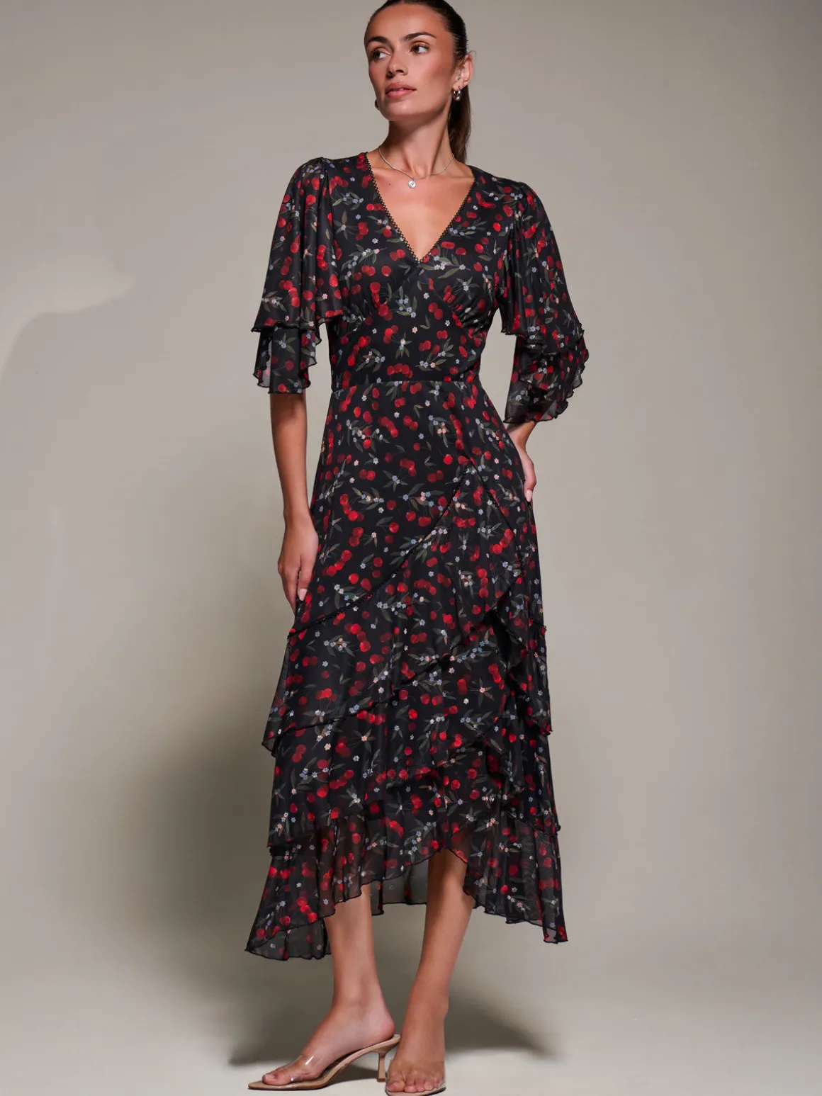 Frill Trim Mesh Maxi Dress, Red Cherry