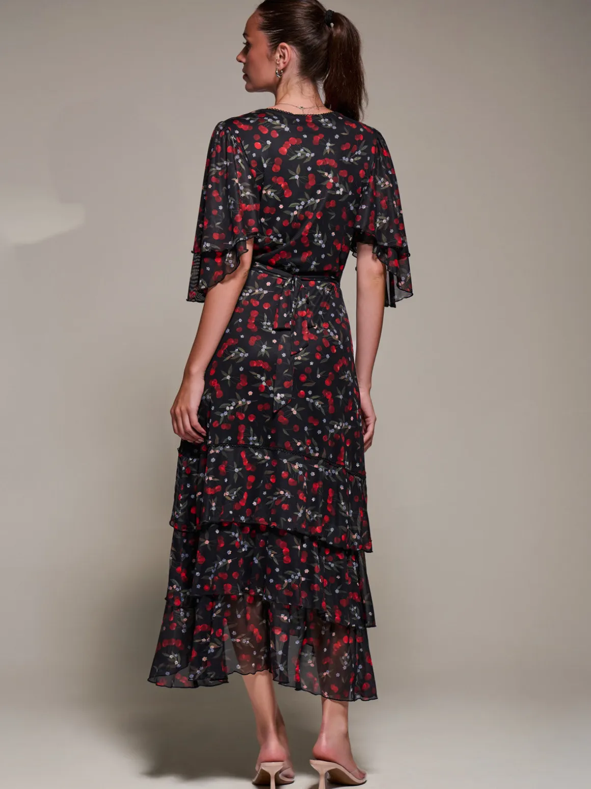 Frill Trim Mesh Maxi Dress, Red Cherry