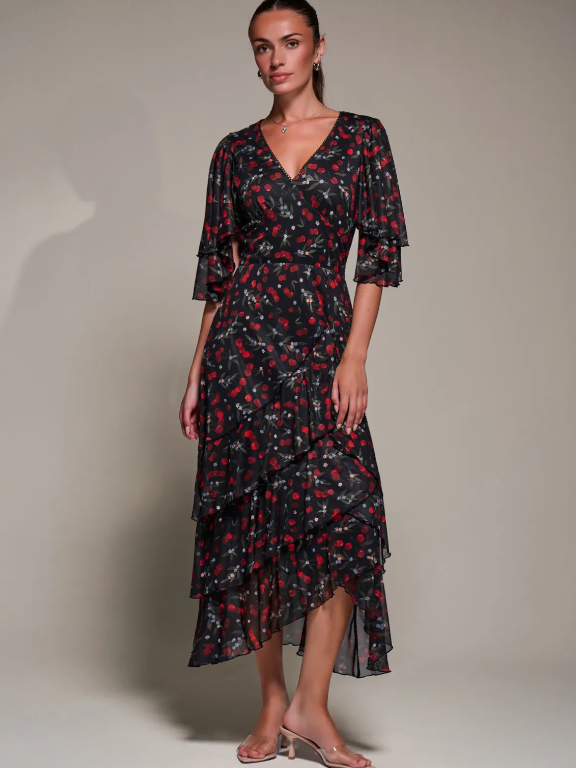 Frill Trim Mesh Maxi Dress, Red Cherry