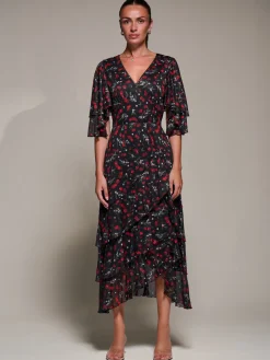 Frill Trim Mesh Maxi Dress, Red Cherry