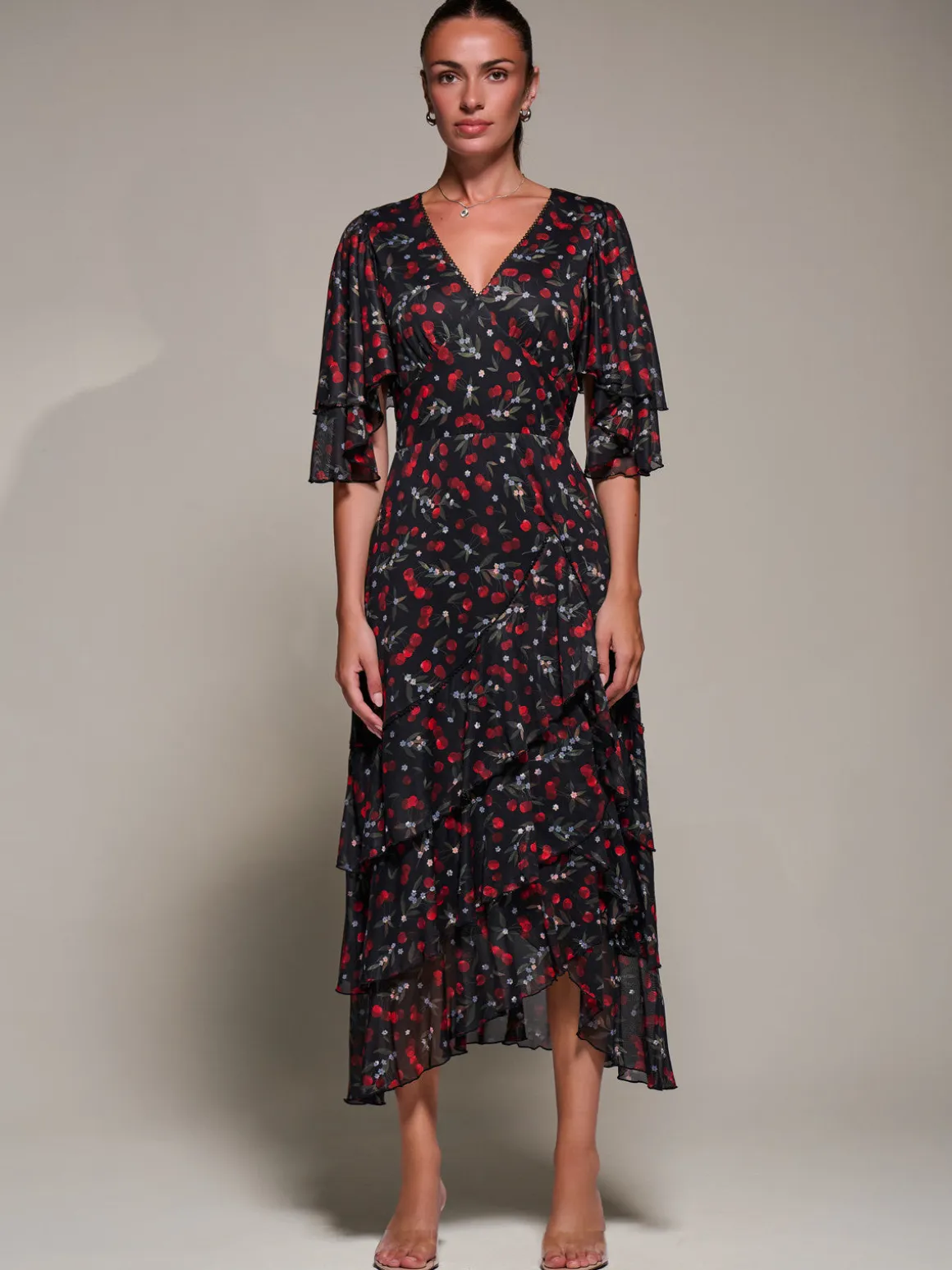 Frill Trim Mesh Maxi Dress, Red Cherry