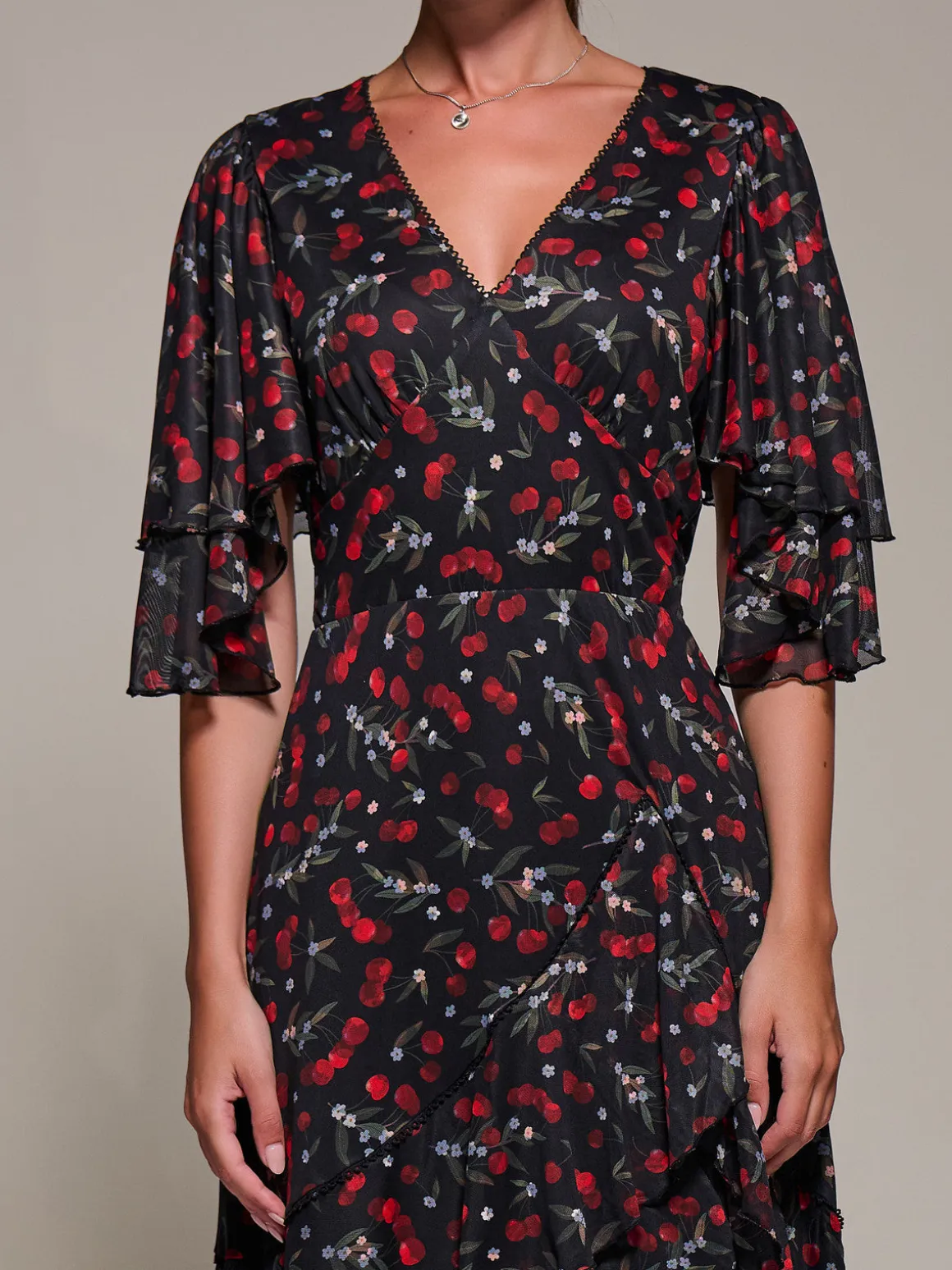 Frill Trim Mesh Maxi Dress, Red Cherry