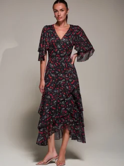 Frill Trim Mesh Maxi Dress, Red Cherry