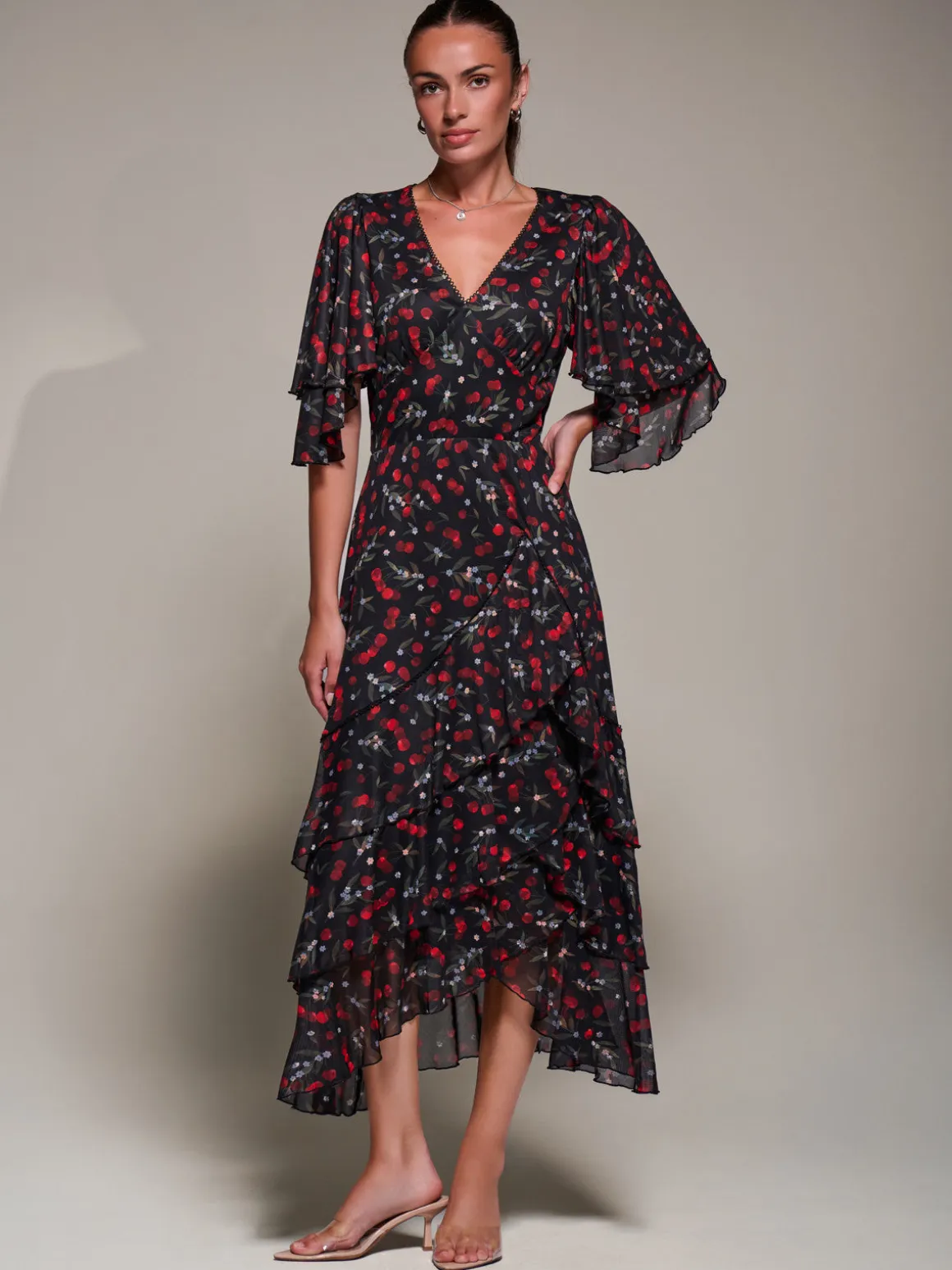 Frill Trim Mesh Maxi Dress, Red Cherry