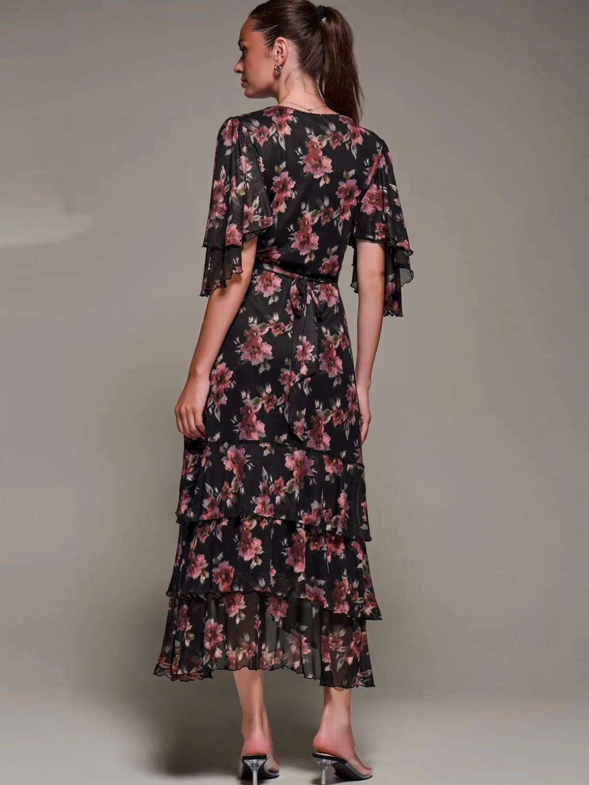Frill Trim Mesh Maxi Dress, Red Floral