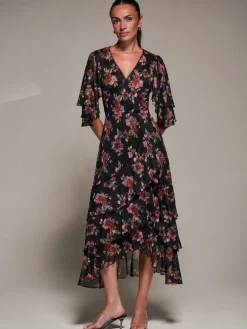 Frill Trim Mesh Maxi Dress, Red Floral