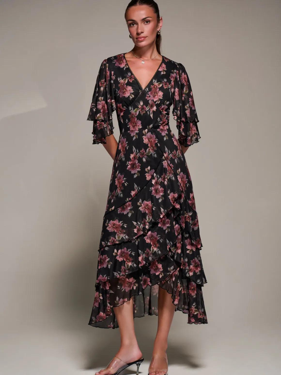 Frill Trim Mesh Maxi Dress, Red Floral