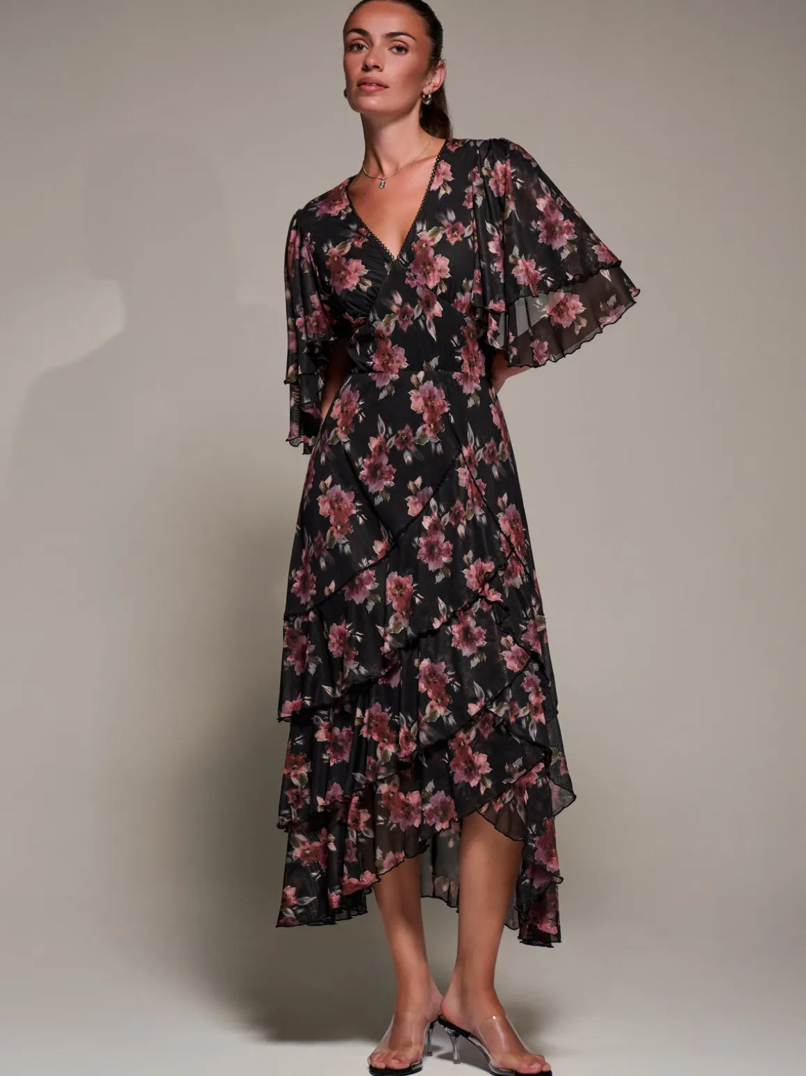 Frill Trim Mesh Maxi Dress, Red Floral