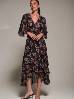 Frill Trim Mesh Maxi Dress, Red Floral