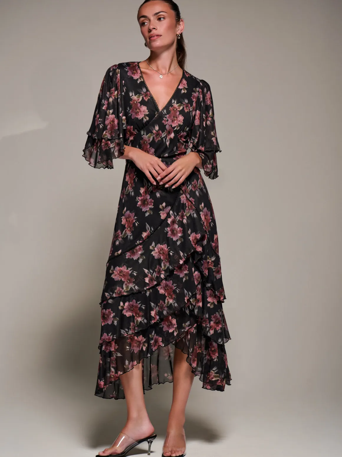 Frill Trim Mesh Maxi Dress, Red Floral
