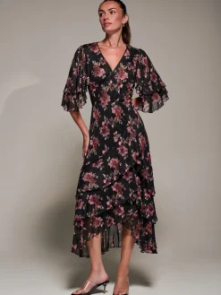 Frill Trim Mesh Maxi Dress, Red Floral