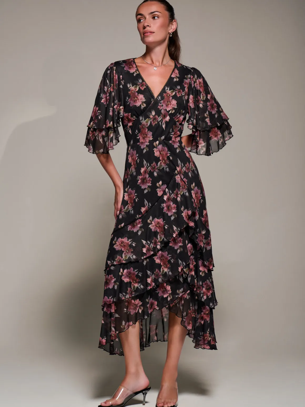 Frill Trim Mesh Maxi Dress, Red Floral