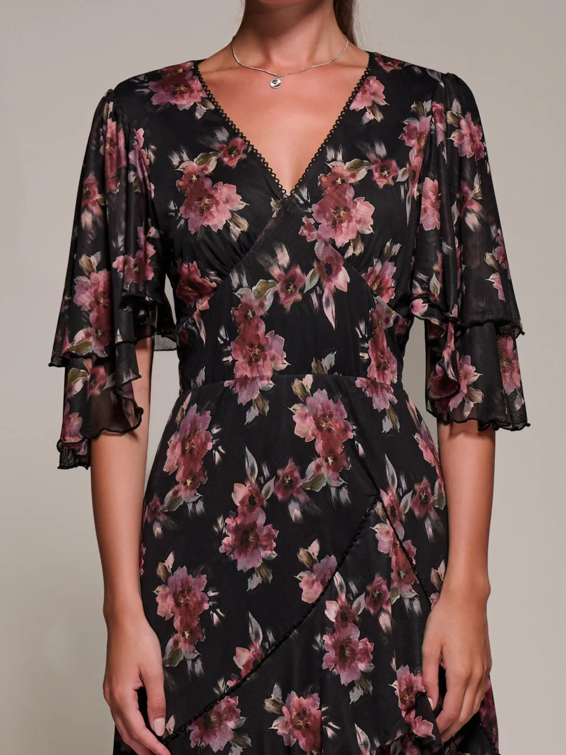 Frill Trim Mesh Maxi Dress, Red Floral