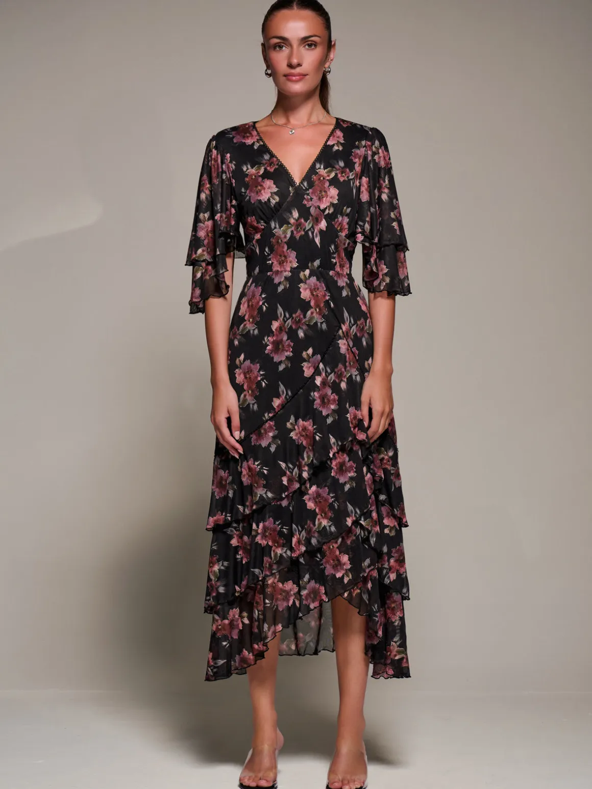 Frill Trim Mesh Maxi Dress, Red Floral