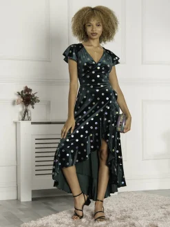 Frill Velvet Spot Dress, Green Spot