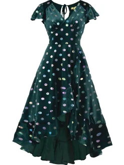 Frill Velvet Spot Dress, Green Spot
