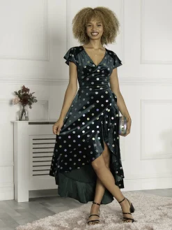 Frill Velvet Spot Dress, Green Spot