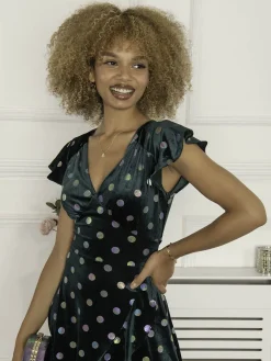 Frill Velvet Spot Dress, Green Spot