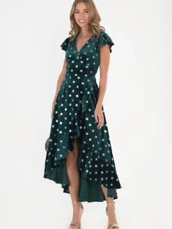 Frill Velvet Spot Dress, Green Spot