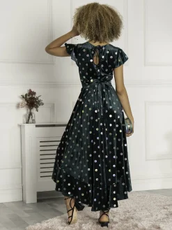 Frill Velvet Spot Dress, Green Spot