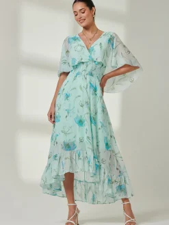 Frill V-neck Chiffon Maxi Dress, Green Floral