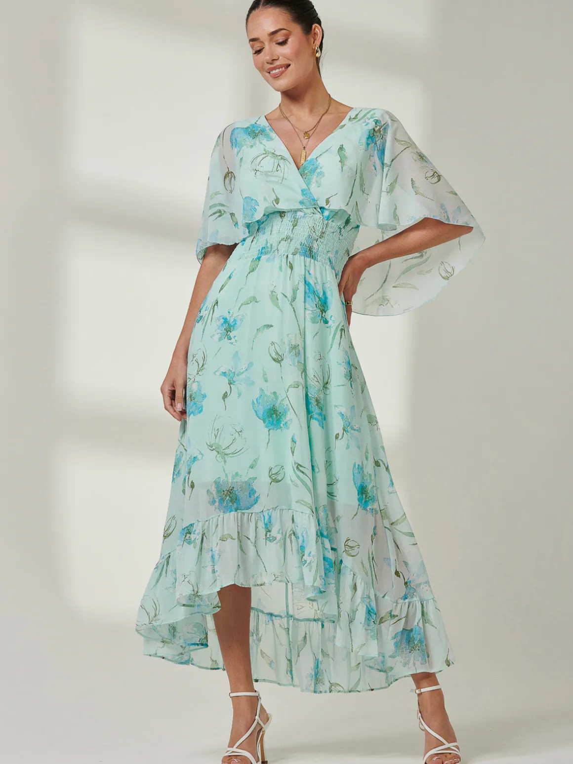 Frill V-neck Chiffon Maxi Dress, Green Floral