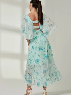 Frill V-neck Chiffon Maxi Dress, Green Floral
