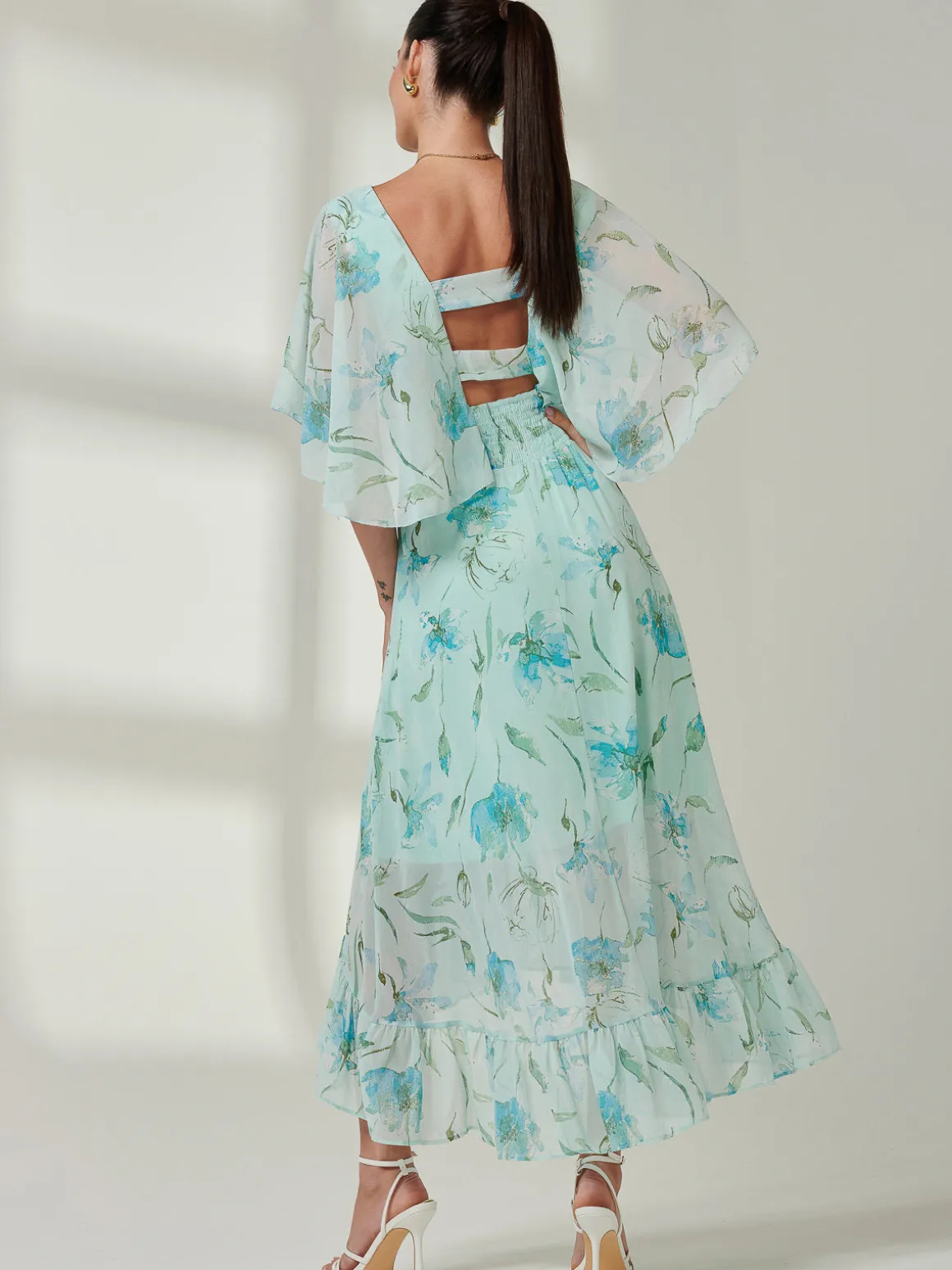 Frill V-neck Chiffon Maxi Dress, Green Floral