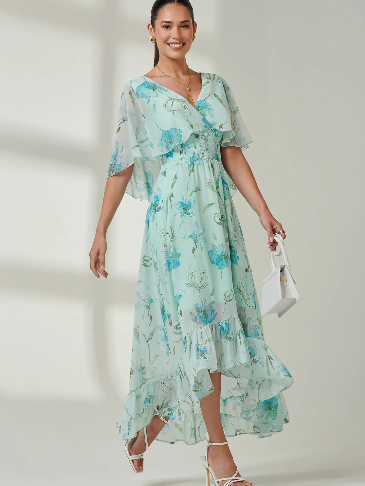 Frill V-neck Chiffon Maxi Dress, Green Floral