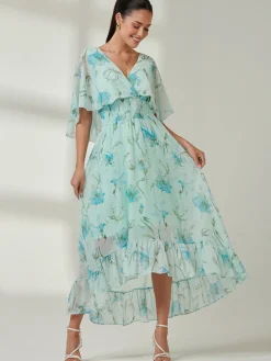 Frill V-neck Chiffon Maxi Dress, Green Floral