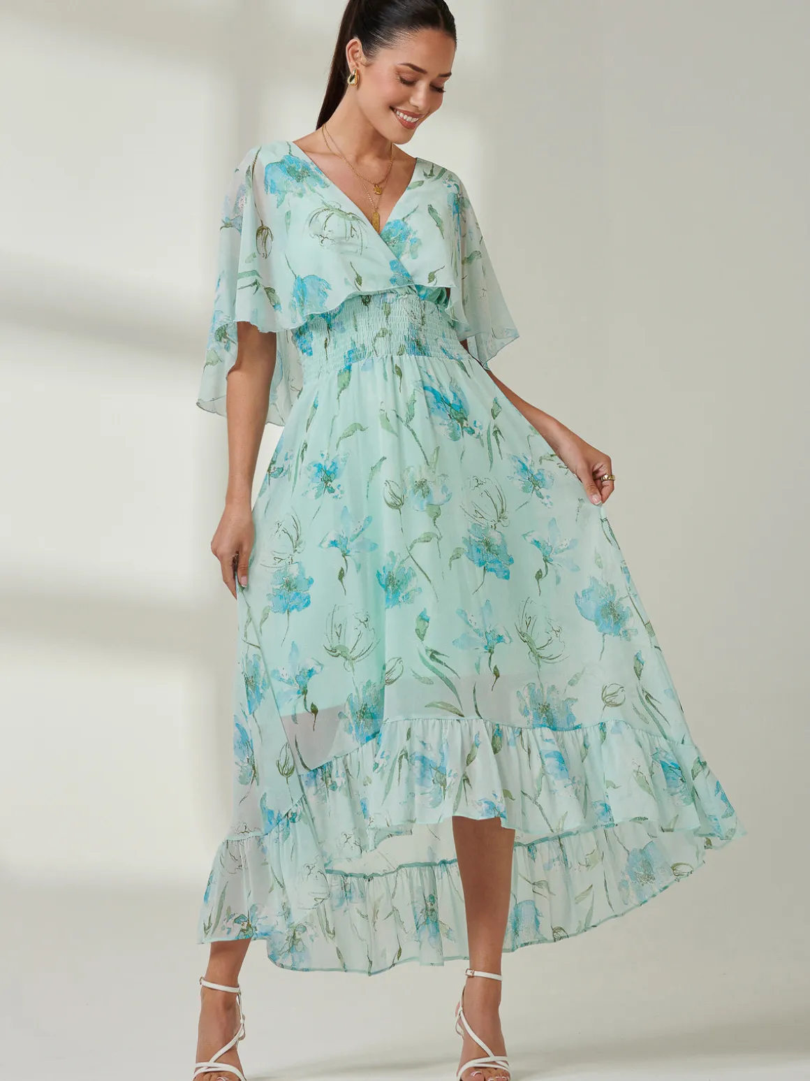 Frill V-neck Chiffon Maxi Dress, Green Floral