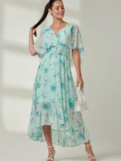Frill V-neck Chiffon Maxi Dress, Green Floral