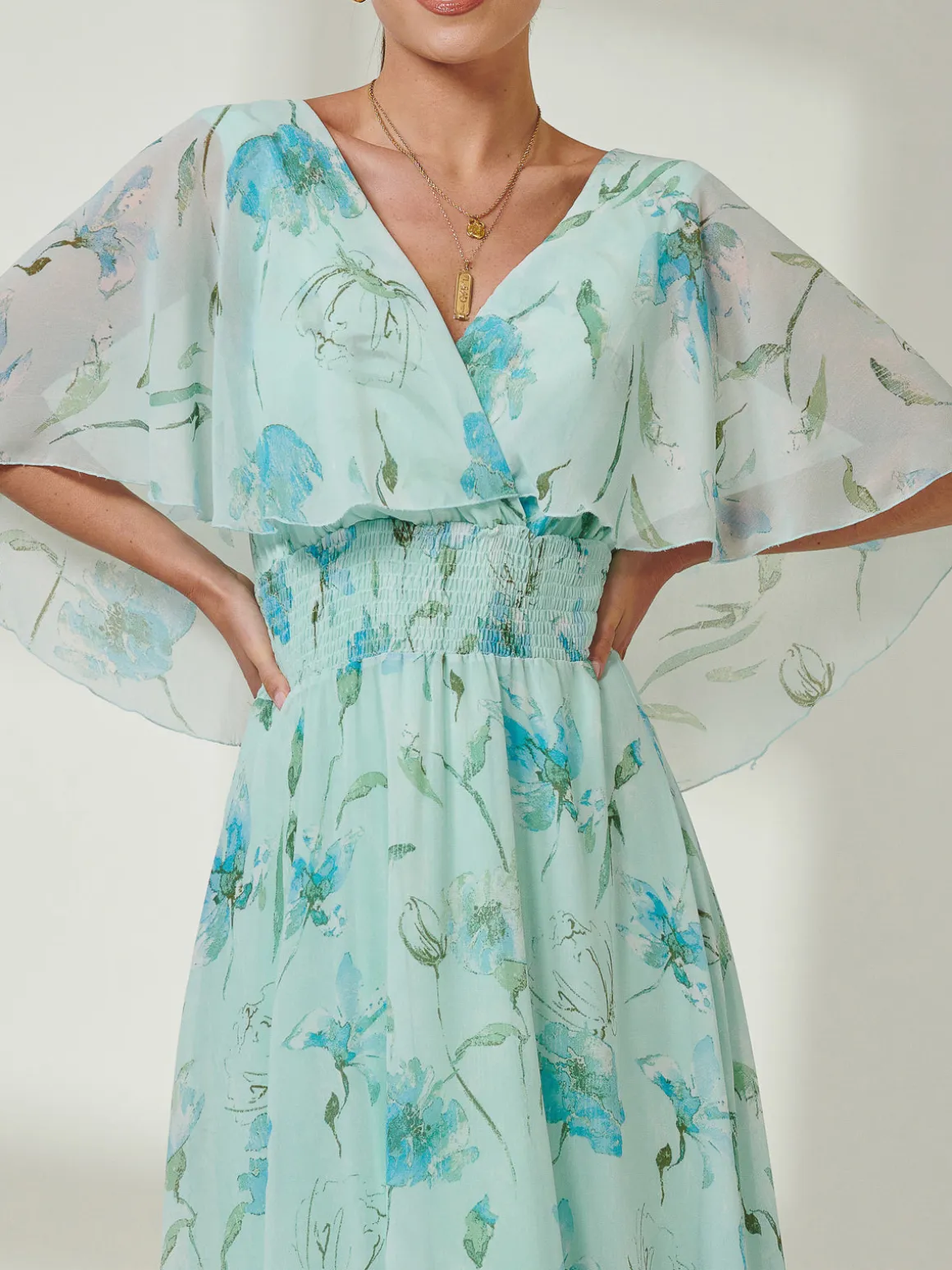 Frill V-neck Chiffon Maxi Dress, Green Floral