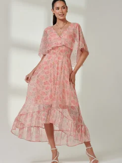 Frill V-neck Chiffon Maxi Dress, Orange Multi