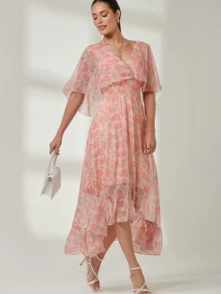 Frill V-neck Chiffon Maxi Dress, Orange Multi