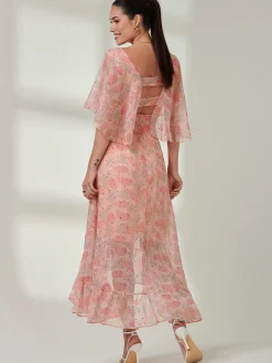 Frill V-neck Chiffon Maxi Dress, Orange Multi