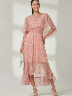 Frill V-neck Chiffon Maxi Dress, Orange Multi
