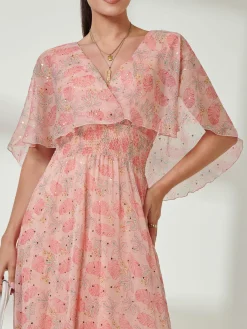 Frill V-neck Chiffon Maxi Dress, Orange Multi