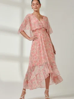Frill V-neck Chiffon Maxi Dress, Orange Multi