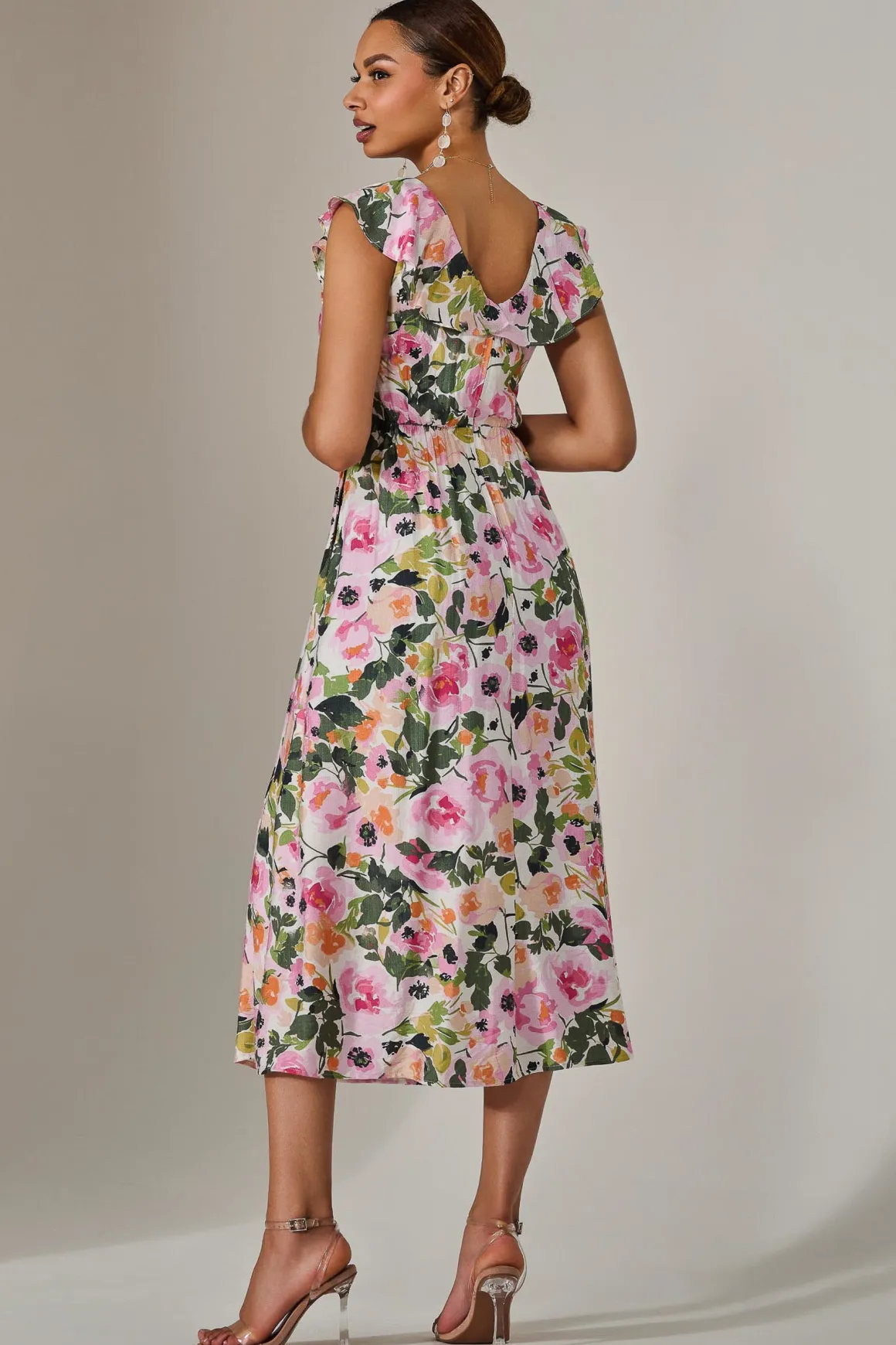 Frill V Neck Midaxi Dress, Multi Floral