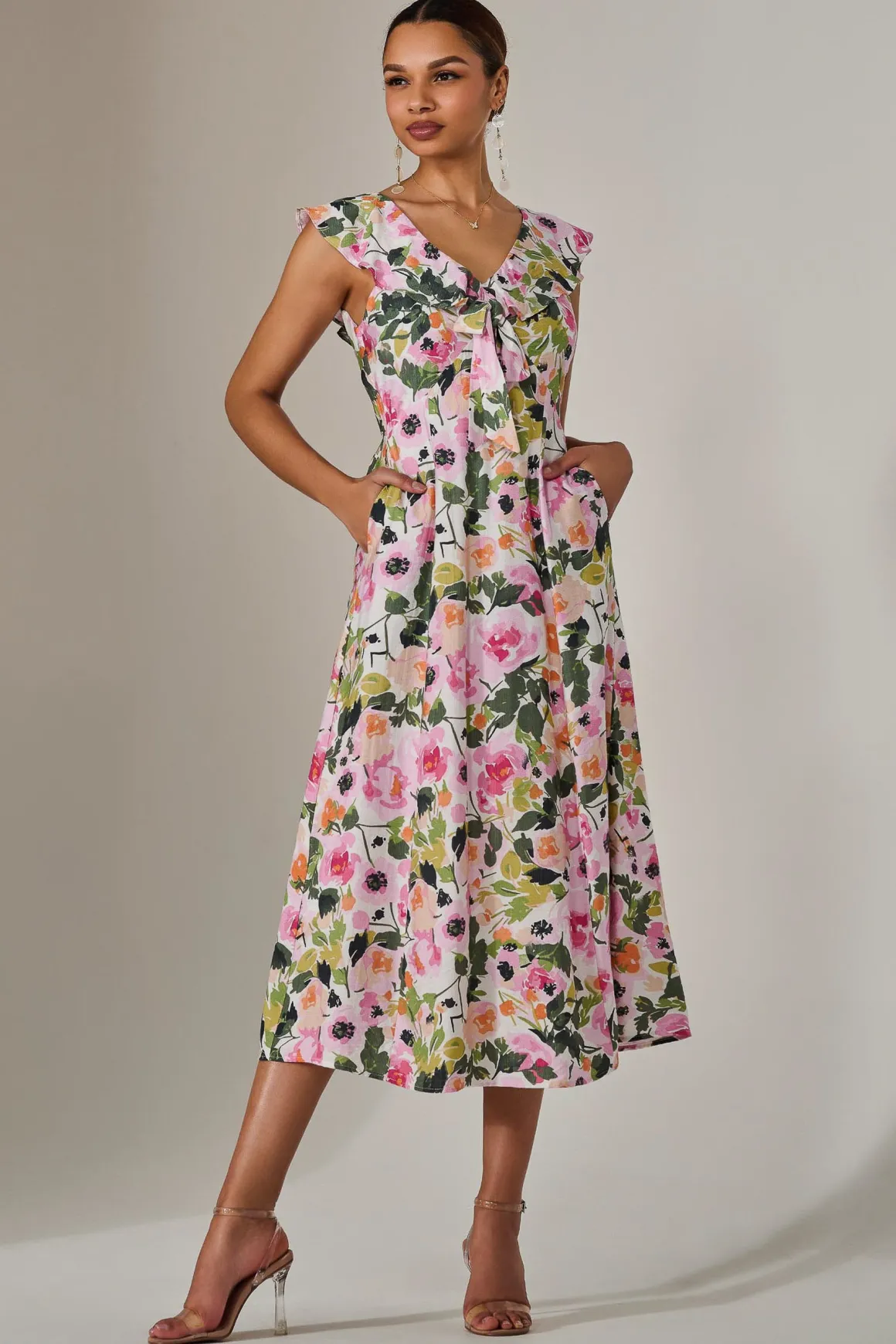 Frill V Neck Midaxi Dress, Multi Floral