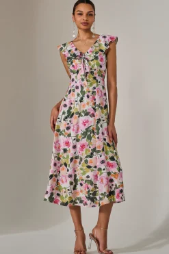 Frill V Neck Midaxi Dress, Multi Floral