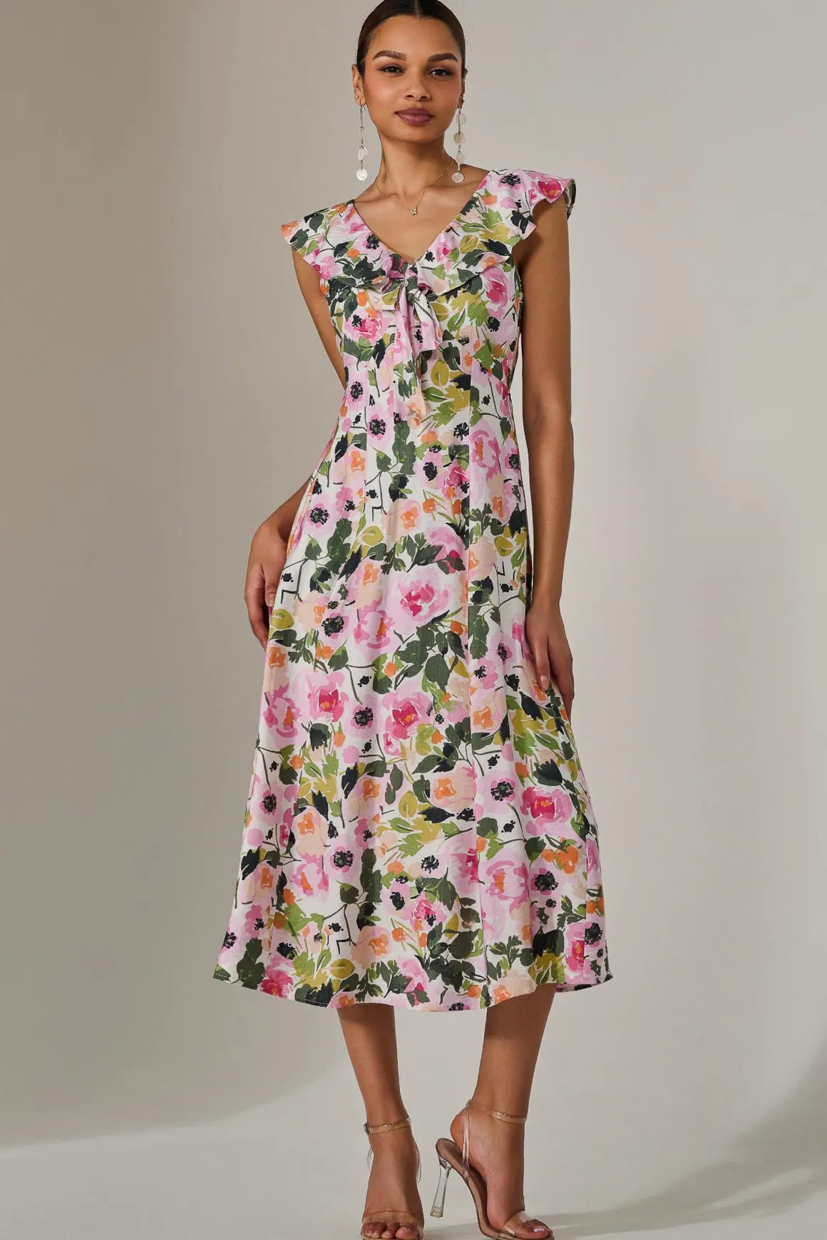Frill V Neck Midaxi Dress, Multi Floral